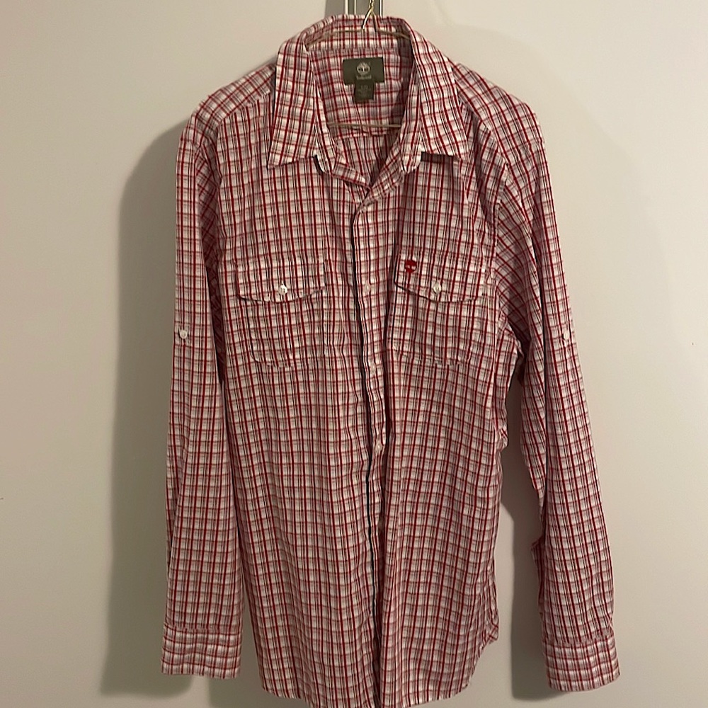 Timberland Large Red and White Plaid Button Down Shirt